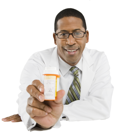 Male pharmacist showing a bottle of medicine